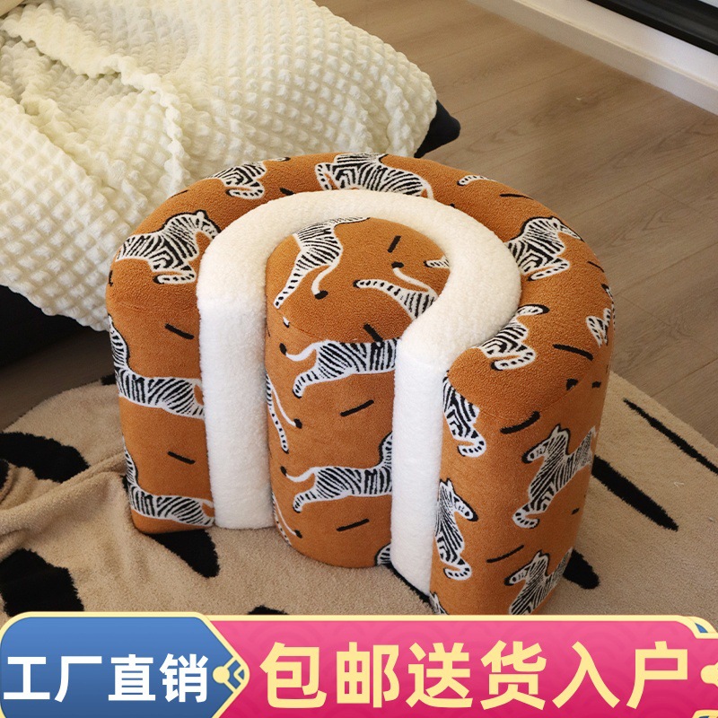 玄关换鞋凳梳妆阳台图案圆形矮凳家用毛绒坐垫收纳凳工厂直销包邮