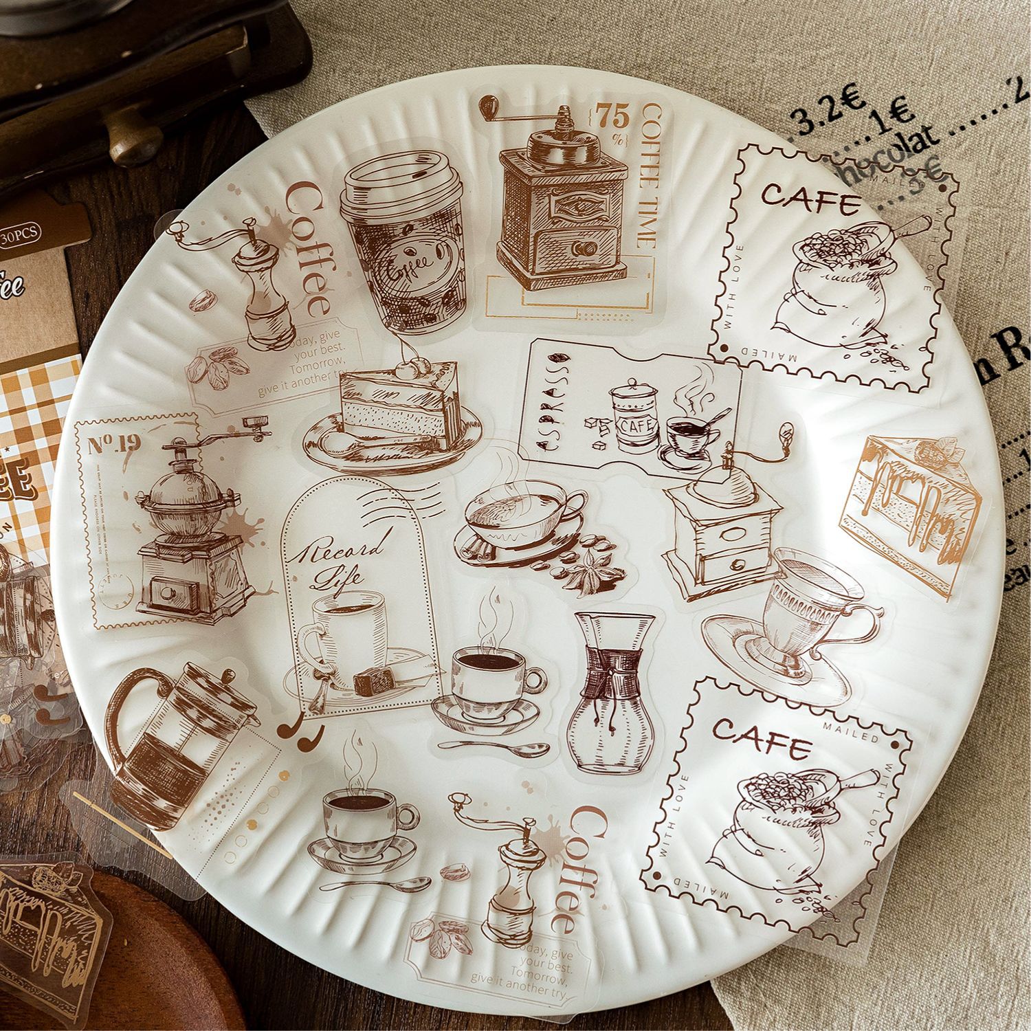 Bolso adhesivo con tema de café Mo Mo PET, taza de café, serie de tiempo, material de cuenta retro, etiqueta adhesiva de película de corte