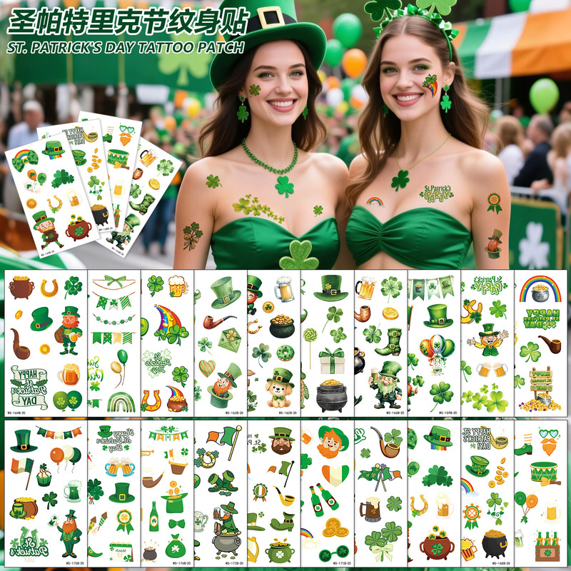 Cross-Border Exclusive St. Patrick's Necklace Tattoo Stickers Irish Festival Clover Bead Chain Holiday Carnival Party