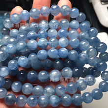 天然淺藍色藍晶石手鏈 情侶款串珠DIY飾品 透體藍絨晶手串 批發