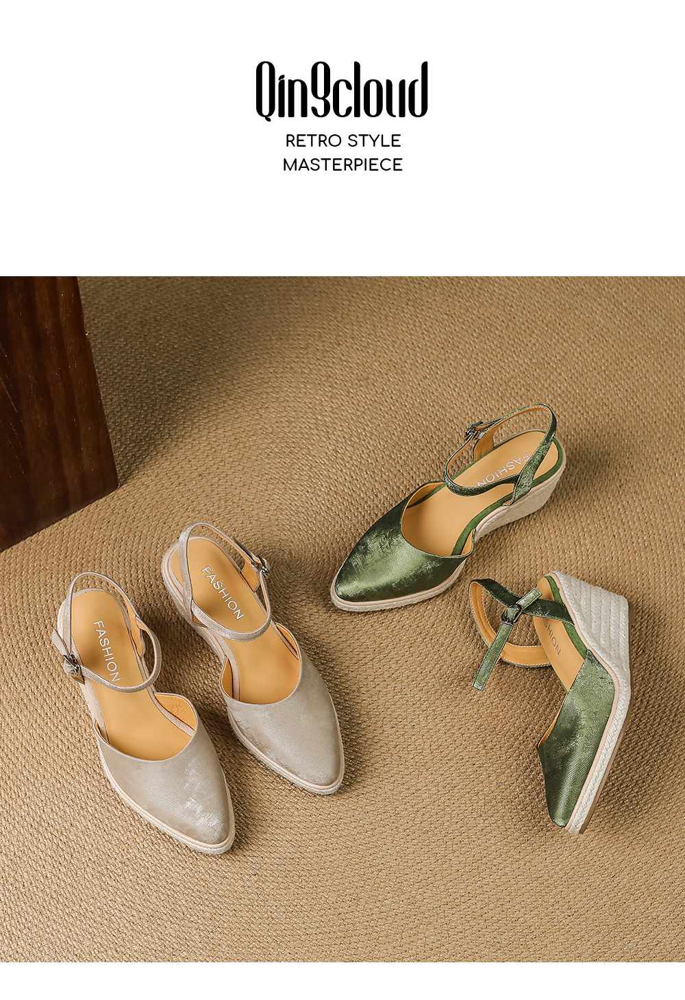 Sandal cao gót nữ phong cách Tân Trung Hoa, mũi kín quai ngang, đế xuồng bện rơm, gót 7 cm — xanh lá cây, màu mơ chi tiết 13