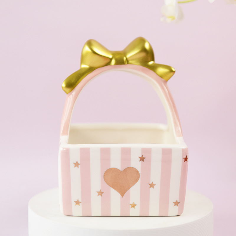 Rosa oro chica corazón cerámica cesta oro oso hámster caja de almacenamiento caja cosmética flor cesta adornos decorativos image 4
