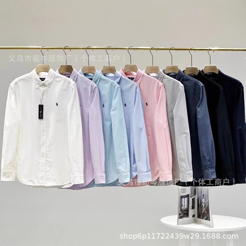 Cross-Border High-Quality R/L Raff Small Label Embroidered Shirt Autum Men's Casual Long-Sleeved Pure Color Shirt Loose