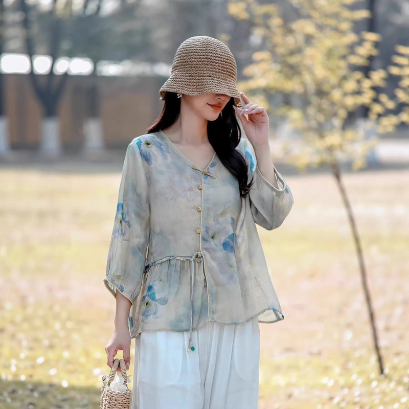 100-Count Ramie Blouse 2026 Summer New Style Retro New Chinese Style Diagonal Placket Buttoned Printed Top Women's Tea Wear