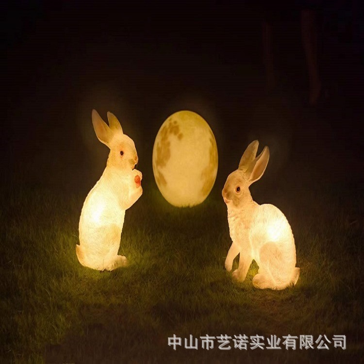 中秋兔子月亮组合发光树脂玻璃钢雕塑大型文旅景观园林兔子小品灯|undefined