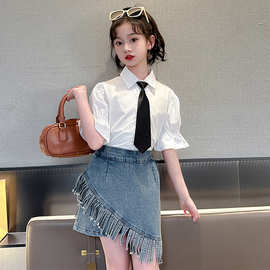 女童套装夏装2024新款韩版儿童装白色衬衫夏季中大童短裙裤两件套