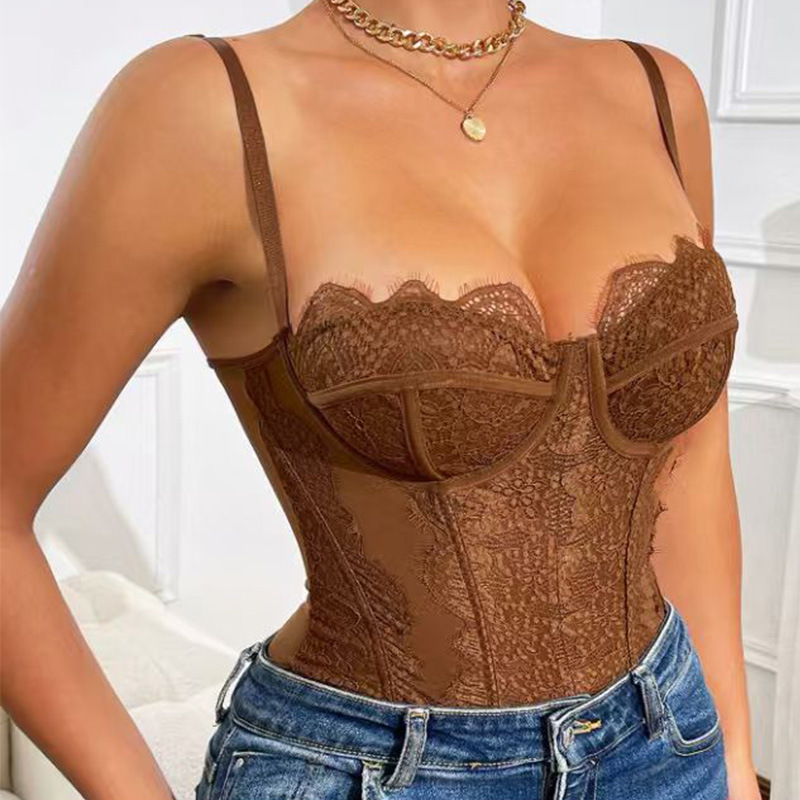 Nuevo cross-border sexy encaje empalme camisole de acero anillo de perspectiva dentro de la correa camisole hueco