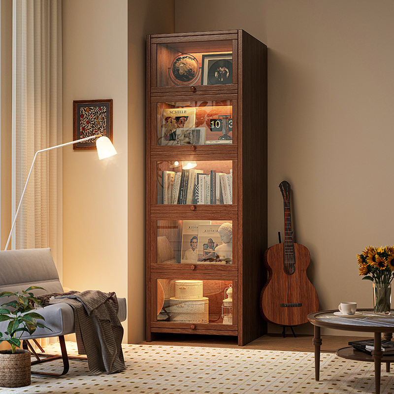 Mingzheng Furniture Factory Solid Wood Bookcase Storage Cabinet Integrated Wall-Mounted Walnut Color Dust-Proof Storage Display Cabinet Living Room Storage