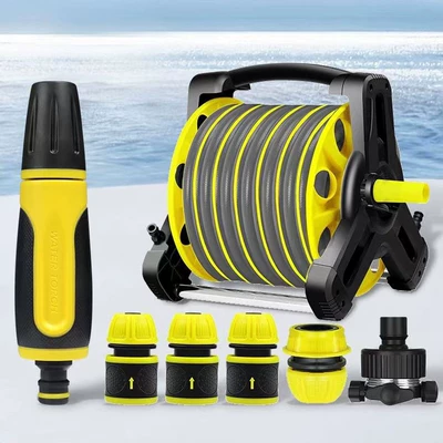 Storage Rack Set with Rubber-Coated Direct Spray Hose for Car Washing, Watering Vegetables, and Cleaning, No Assembly Required, Four-Layer Thickened Water Hose (High pressure car wash water gun) - 10m-waterwheel-suit
