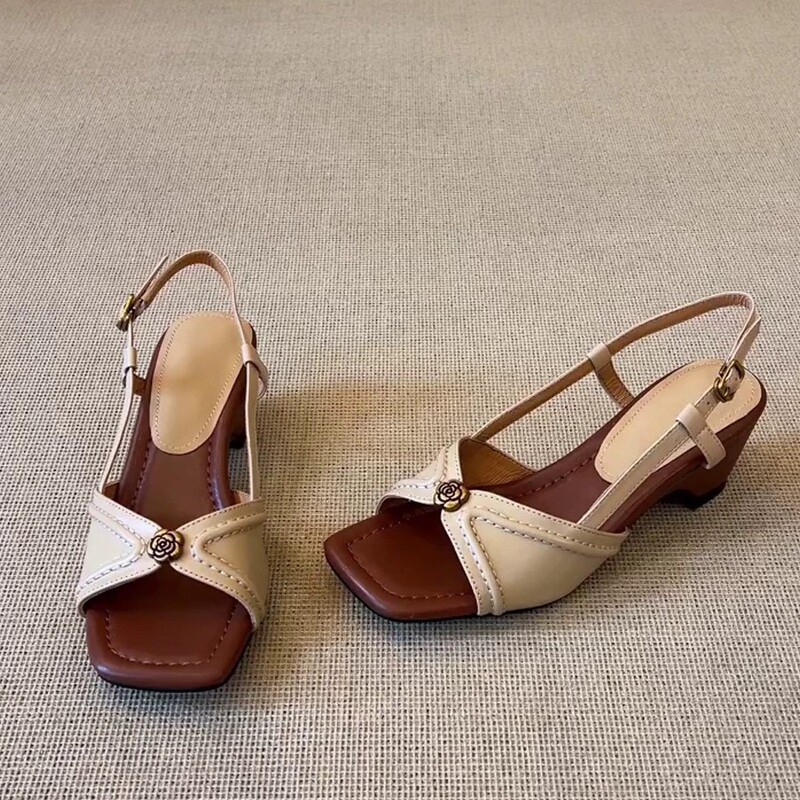 Sheepskin Version~ Gentle French-Style Camellia Square-Toe Open-Toe Sandals for Women with Air-Quality Material, Single Strap, and Chunky Heel