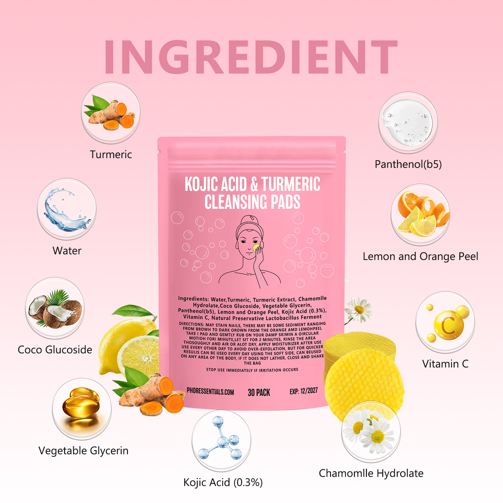 Turmeric and kojic acid facial cleansing pads