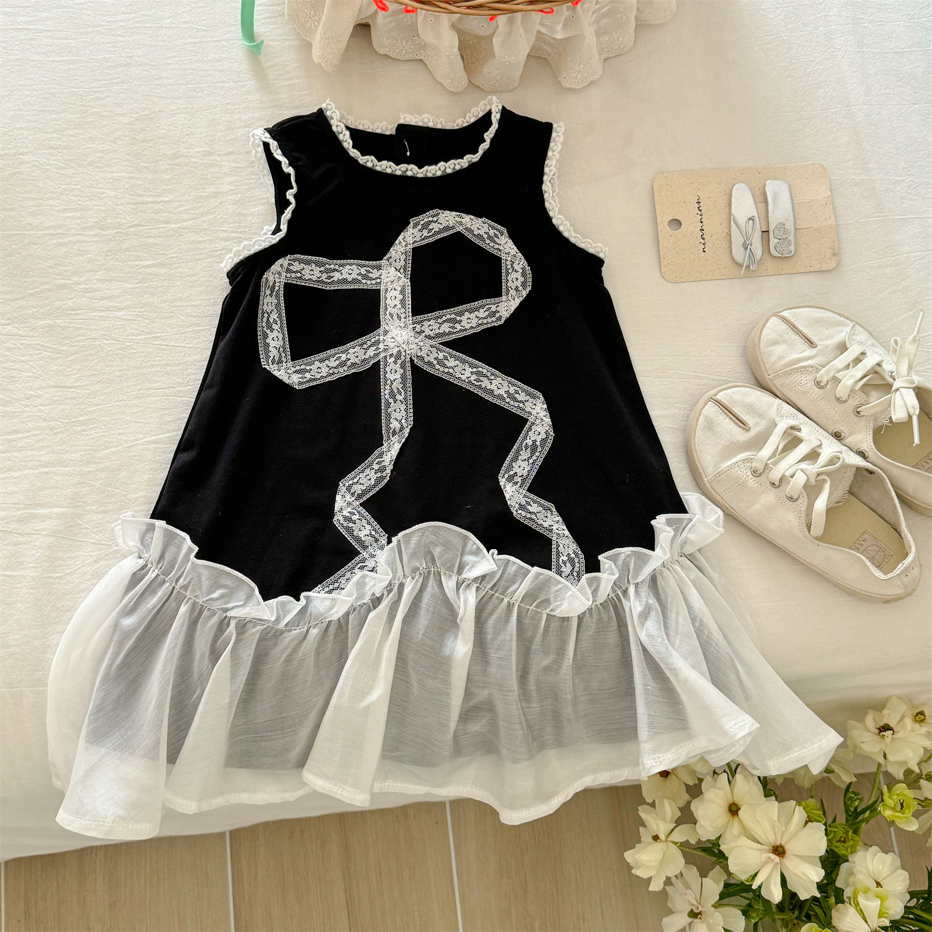 Vestido de lazo de siete niñas de limón salado 25 verano temperamento de bebé dulce falda de chaleco sin mangas con volantes