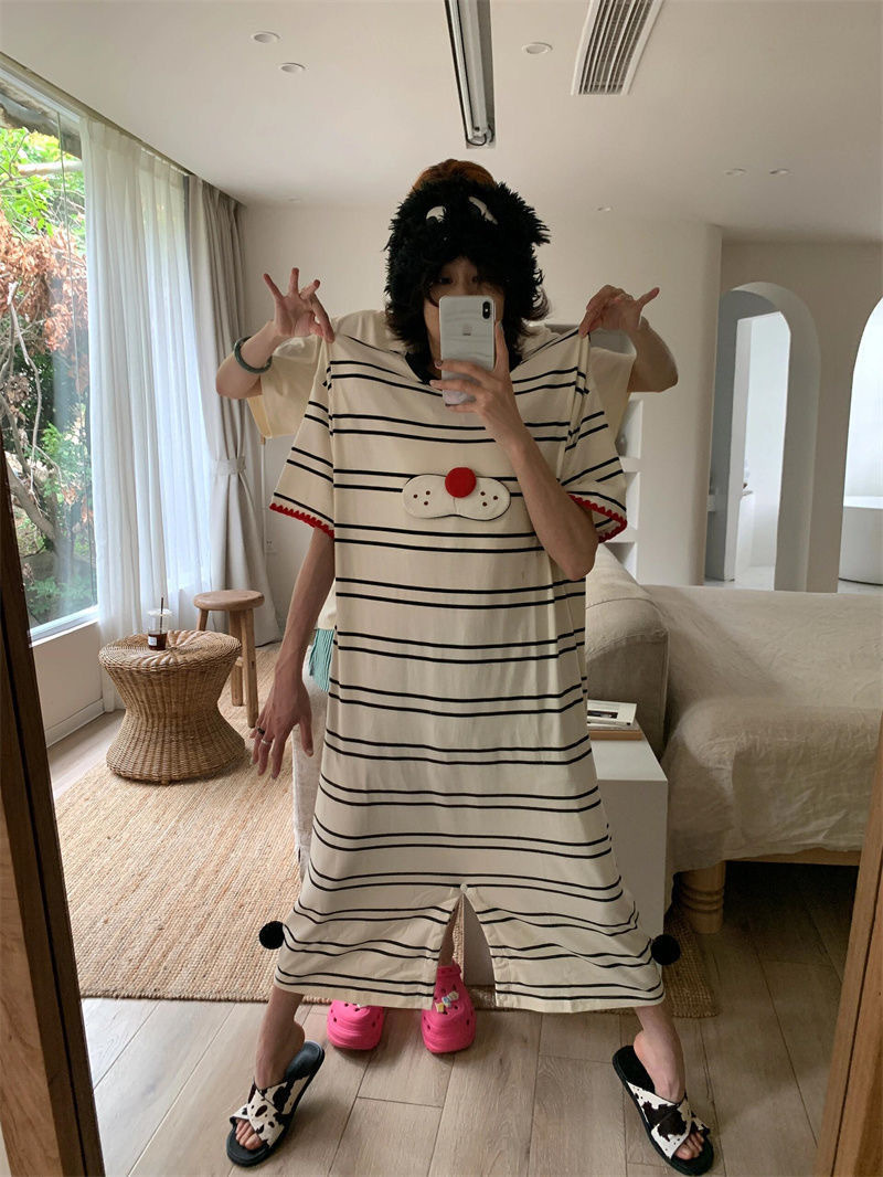 【大量现货】可爱酷猫条纹连体睡衣女夏季韩版ins风短袖睡裙可外