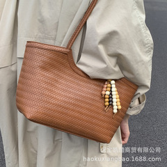 高级感通勤复古包包女2025新款时尚编织纹单肩包大容量手提托特包