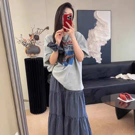 韩版时尚印花短袖T恤+半身裙带发圈三件套女2025春夏新款休闲套装