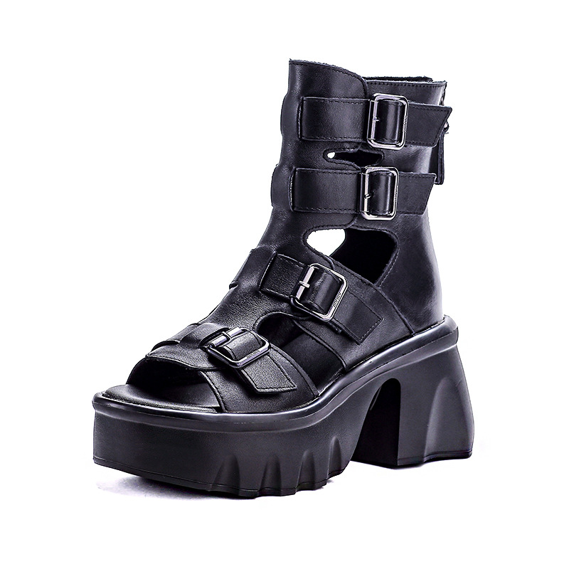 Sandal hở mũi nữ da bò cao gót 9 cm quai khóa xỏ ngón — màu đen
