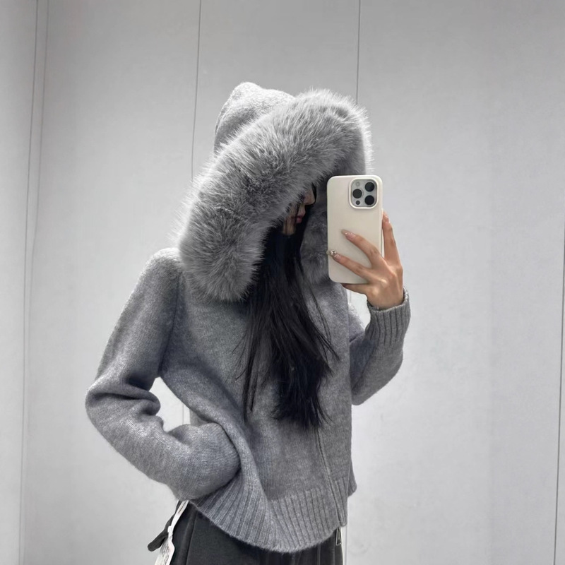 "Little Fox Letter" Lazy Style Short Sweater Jacket for Women Autumn and Winter New Loose Hooded Knitted Cardigan for Women