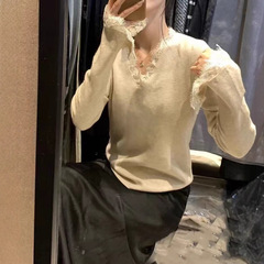 韩系蕾丝V领长袖针织衫女秋季穿搭设计感内搭打底修身喇叭袖上衣