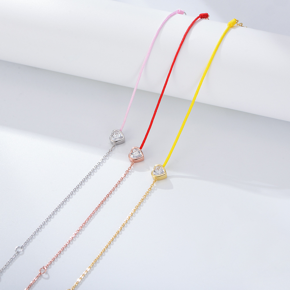 S925 plata esterlina en forma de corazón ZIRCON costura cuerda de color pulsera Mujer simple todo fósforo estilo coreano diamante incrustado suerte cuerda roja joyería