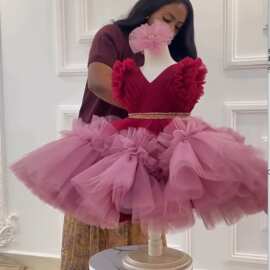优雅紫红色花童连衣裙蕾丝及膝一岁生日节婚礼派对选美儿童礼服