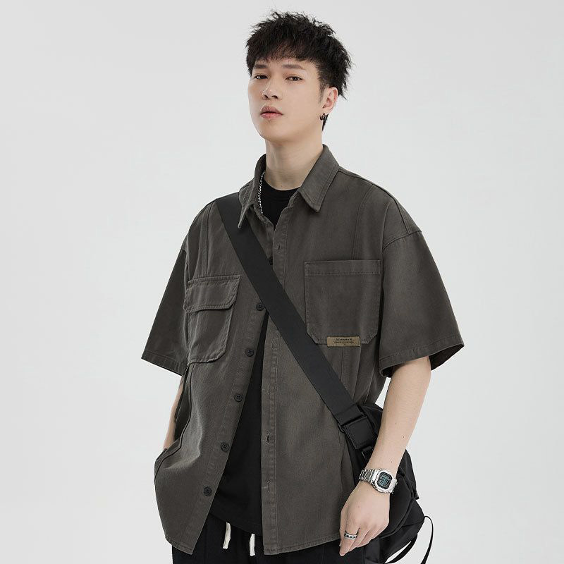 2025 New Summer Style Boys' American Pure Color Loose Casual Shirts Men's Short-Sleeved Shirts Work Tops Jackets