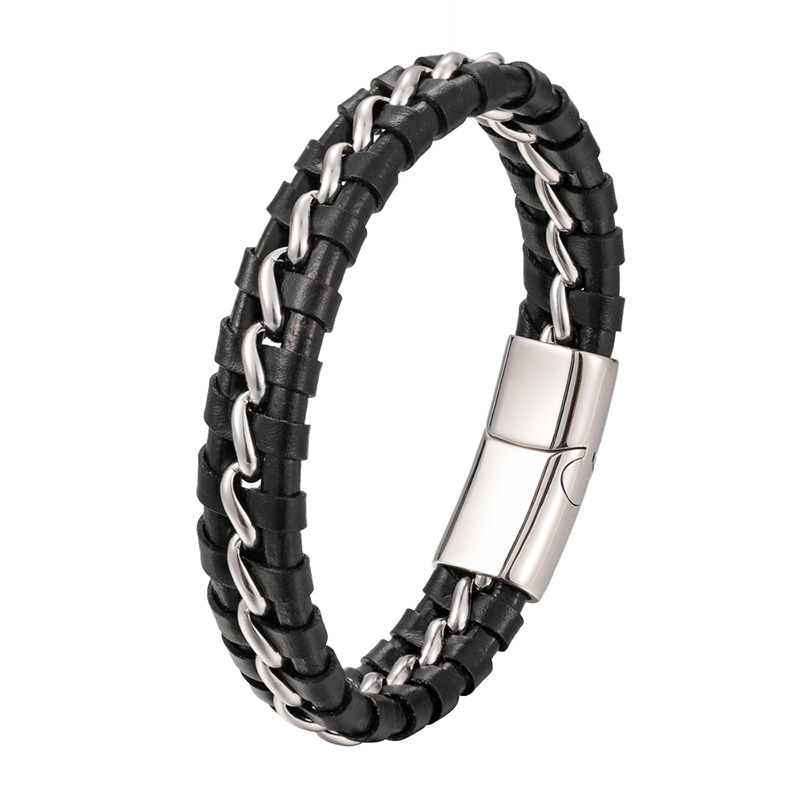 Cross-border explosions men's titanium steel chain woven leather stainless steel bracelet European and American fashion bracelet leather bracelet