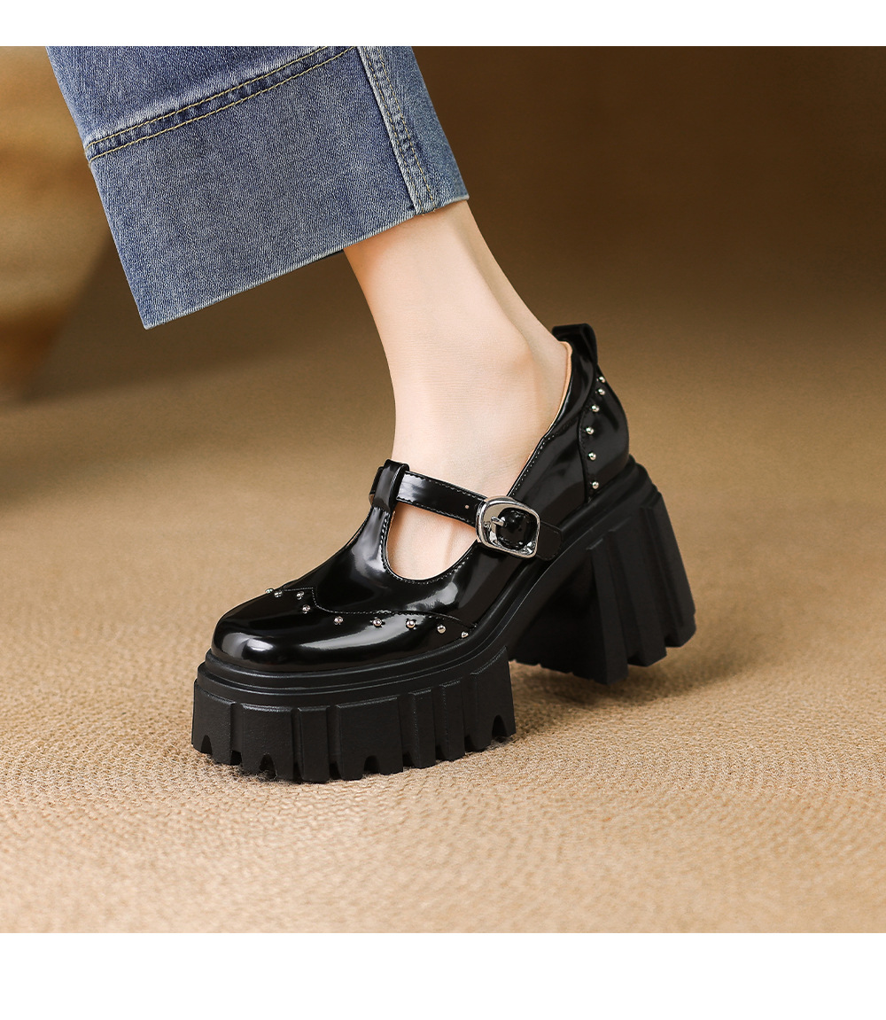 Giày Mary Jane cao gót da thật 9cm, đế bánh xốp, khóa chữ T, gót thô — Màu đen chi tiết 8