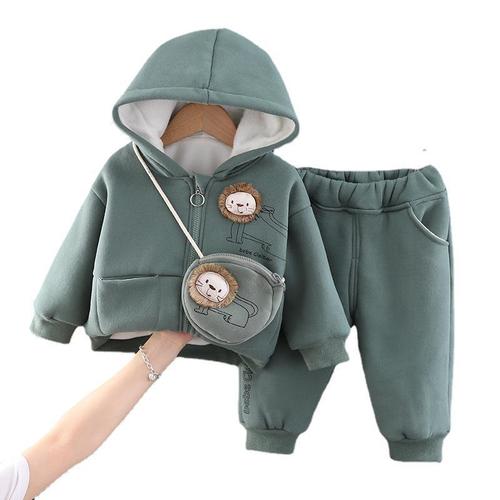 Winter new style cartoon hooded thickened two-piece set for boys and girls, baby plus velvet 0-4 years old set, manufacturer wholesale 2