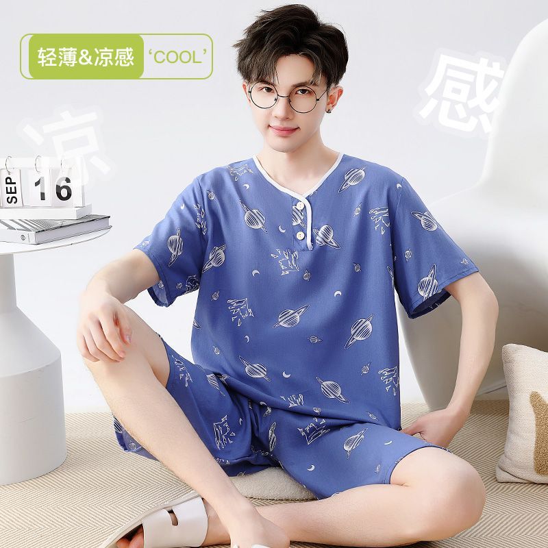 Men's Junior High School Student Pajamas Set Summer Thin Cotton Silk Large Size Youth Cotton Silk Air-Conditioned Home Clothes