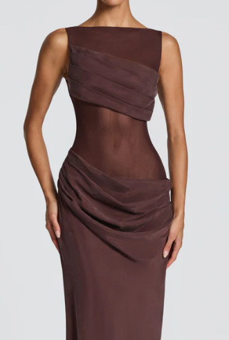 Women's Solid Color Patchwork Slim Fit Dress - Sheer Draped Evening Gown For Sophisticated Style_ecoleips.com
