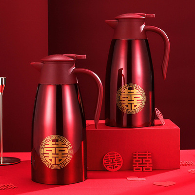 结婚保温壶304不锈钢婚庆用暖壶喜庆热水瓶陪嫁嫁妆水壶红色一对