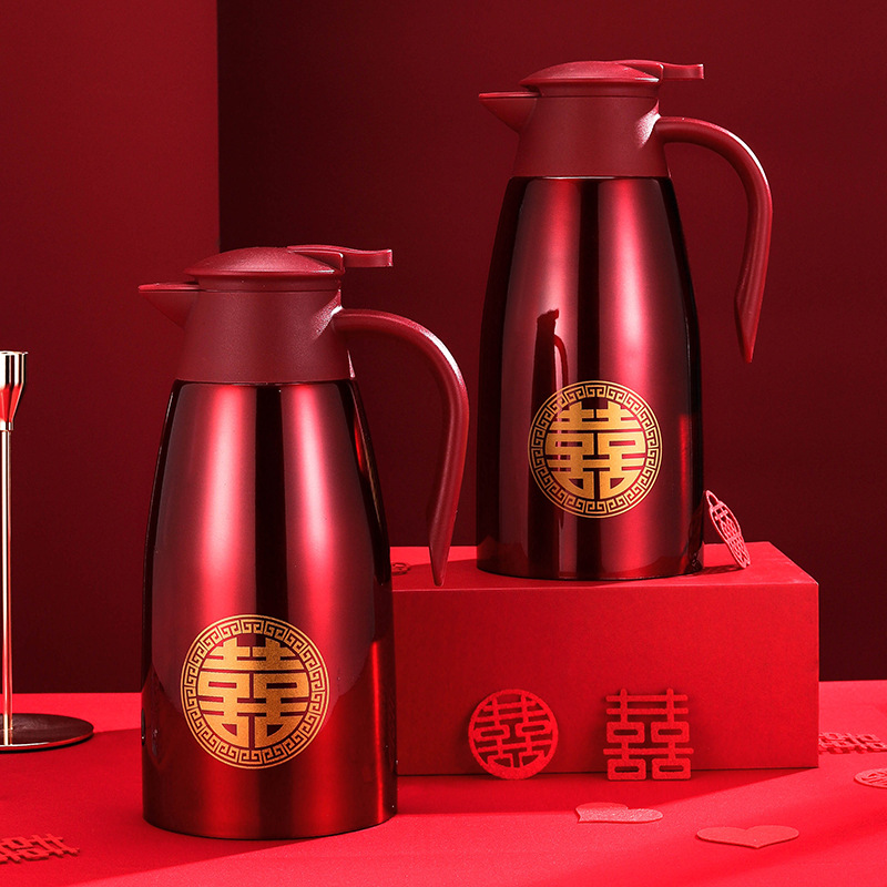 结婚保温壶304不锈钢婚庆用暖壶喜庆热水瓶陪嫁嫁妆水壶红色一对