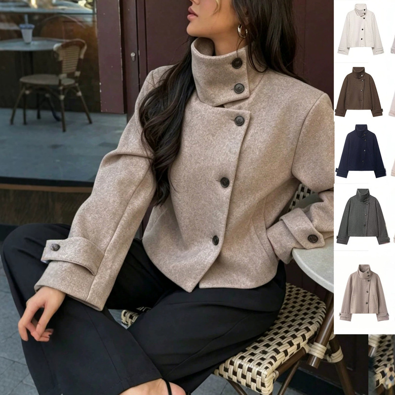 Cross-border foreign trade women's clothing, European and American style, new autumn and winter casual retro solid color stand-up collar jacket for petite women Cross-border foreign trade women's clothing, European and American style, new autumn and winter casual retro solid color stand-up collar jacket for petite women
