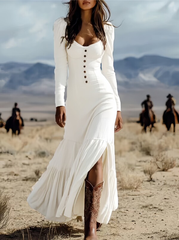 Amazon's Best-Selling Cross-Border European and American Elegant Retro Western-Style Buttoned Ruched Long-Sleeve Slim-Fit Low-Neck Dress Amazon's Best-Selling Cross-Border European and American Elegant Retro Western-Style Buttoned Ruched Long-Sleeve Slim-Fit Low-Neck Dress