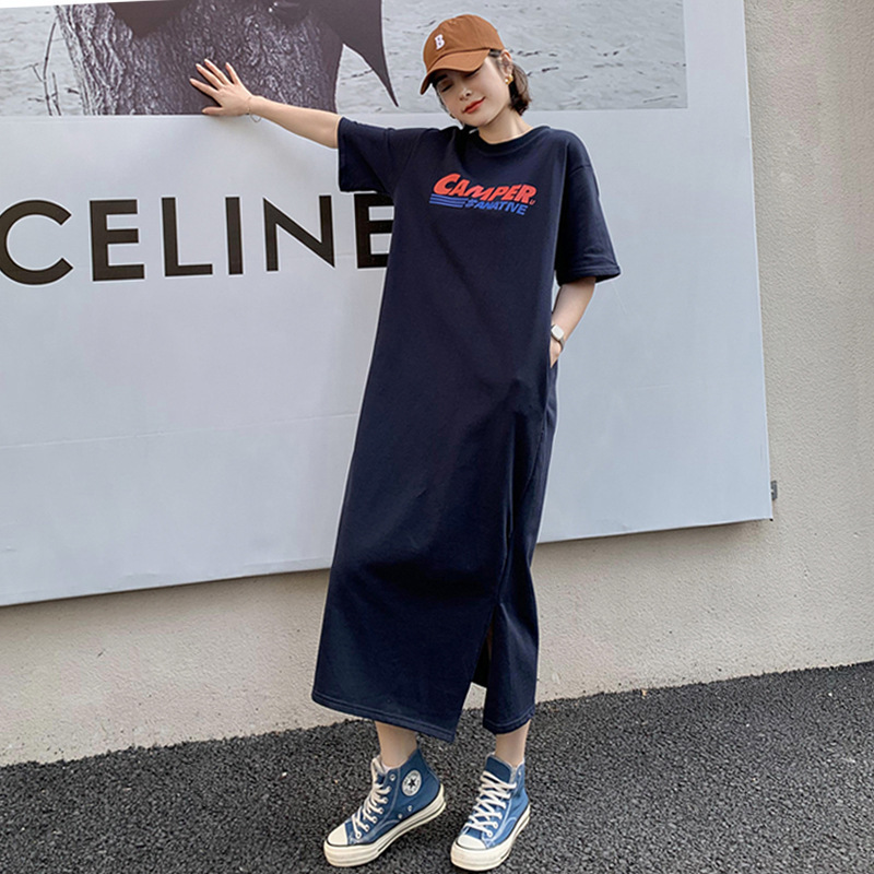 2024 New Lazy Knee Long T-shirt Skirt Summer Short-sleeved plus size dress Loose Super Long Dress T-shirt Skirt