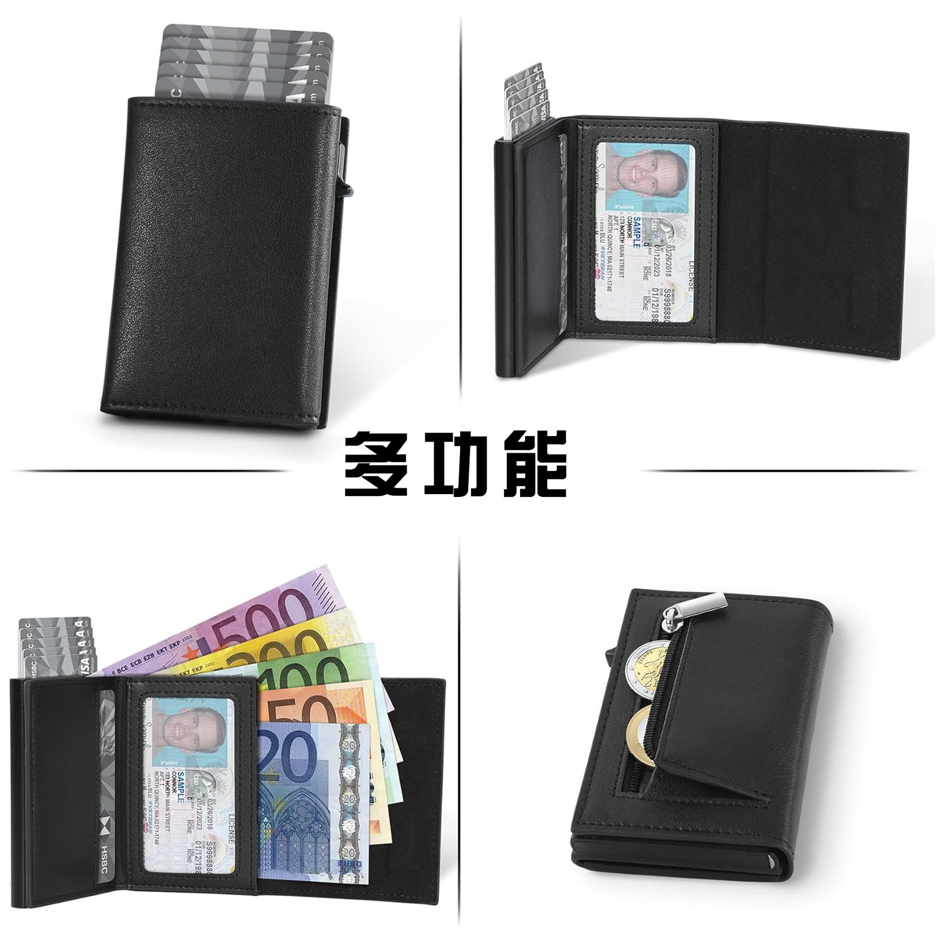 Cartera de cuero para hombre con tarjeta de crédito multicapa magnética ultrafina transfronteriza Cartera antirrobo para hombre