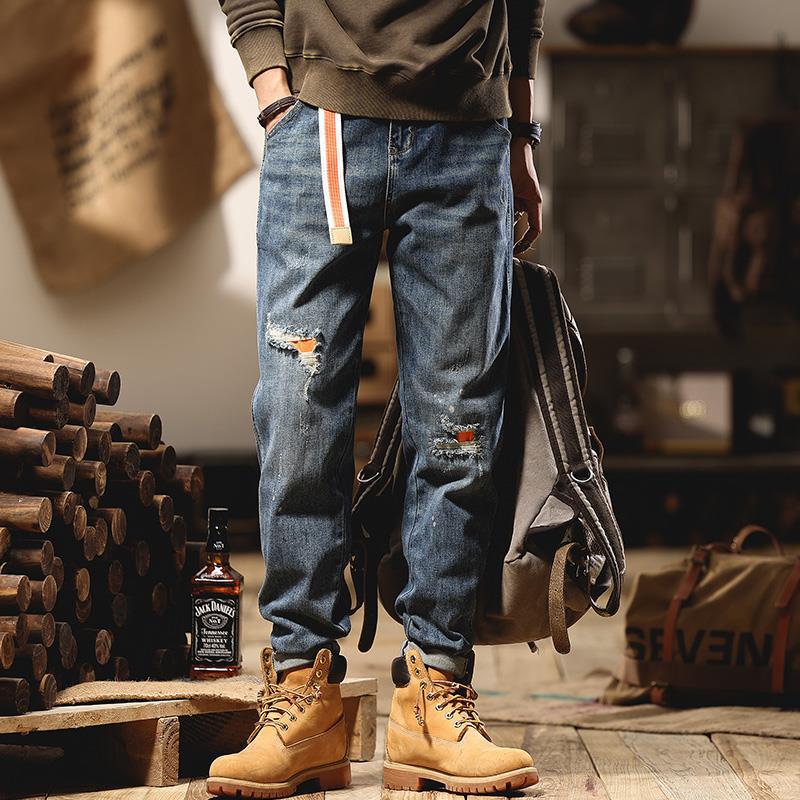 Ripped style, Xinjiang cotton denim jeans, men's loose fit, tapered straight leg, trendy American style Ripped style, Xinjiang cotton denim jeans, men's loose fit, tapered straight leg, trendy American style