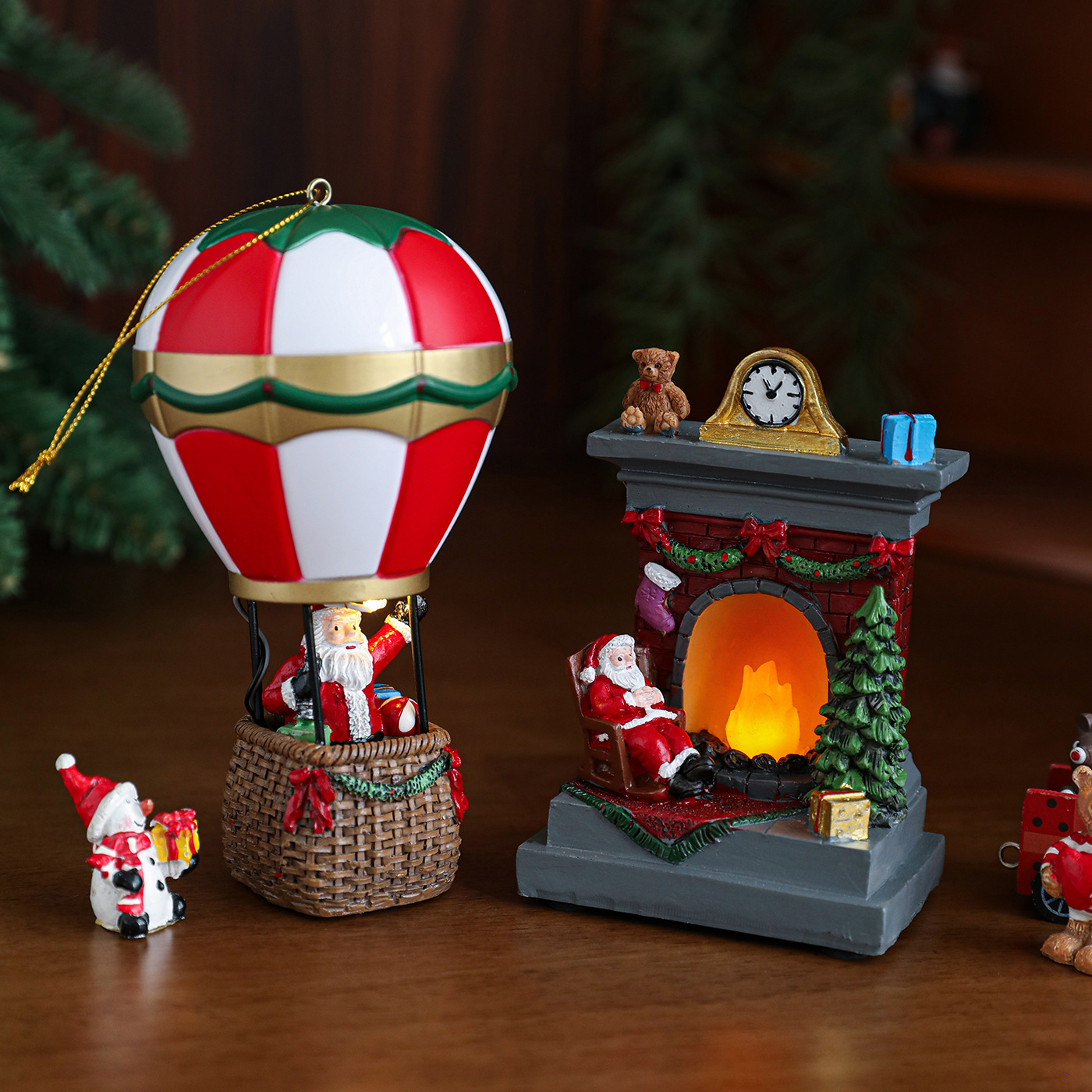 Decoración de resina de Navidad, chimenea luminosa de Navidad, globo de calor, luces nocturnas, regalos de Navidad, decoración de regalos