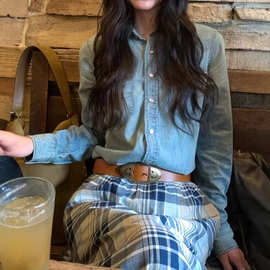 欧货同款拉夫紫标浅蓝牛仔衬衫女长袖牛仔衬衫新款百搭复古衬衣女