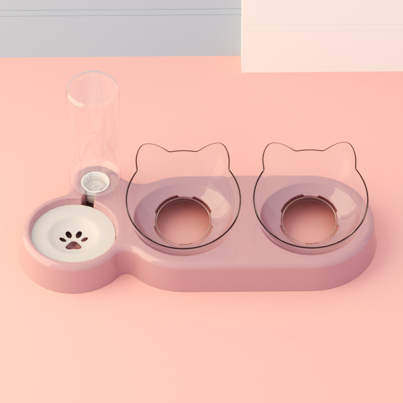 고양이 모양의 세 그릇 [어두운 핑크] 투명 그릇