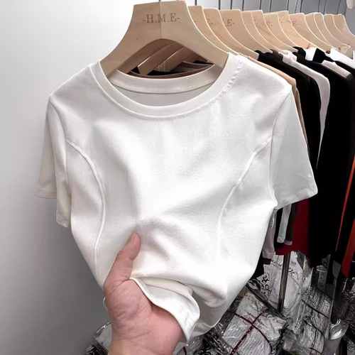 Stylish Versatile Women's Summer 2025 T-Shirt with Curved Hem Asymmetrical Design Pure Cotton Short-Sleeved Top Trendy