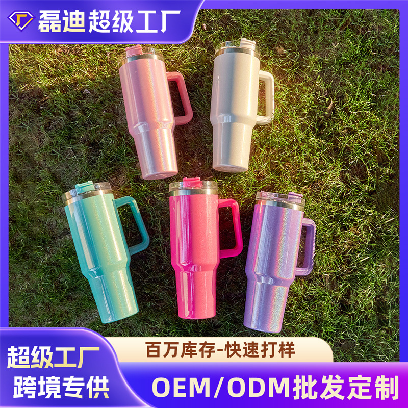 Arco Iris pintura 40oz taza de coche 304 Acero inoxidable paja helado taza coche gran capacidad mango ventosa al por mayor