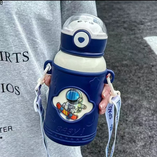 Astronaut Kidsren's Thermos Cup 500 ml Student High-Looking Cartoon Straw Kidsren's Thermos Cup 6 to 12 Years Old