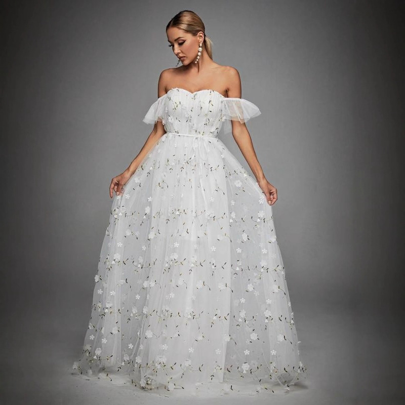 European and American Style Off-Shoulder White Evening Dress for Parties, 2026 New Floor-Length Gown for Banquets and Annual Meetings, Hostess Dress