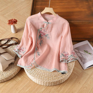Chinese Style Summer New Artistic Retro Button-Up Stand Collar Asymmetrical Ethnic Style Heavy Embroidery Three-Quarter Sleeve Top for Women
