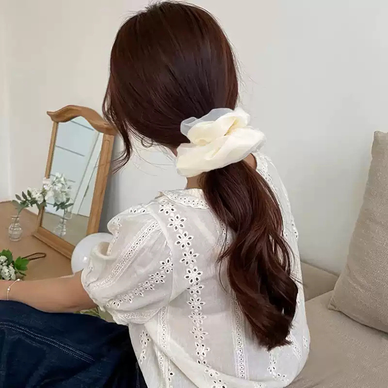Elástico de cabelo em organza com pérolas estilo coreano chique_voghion.com