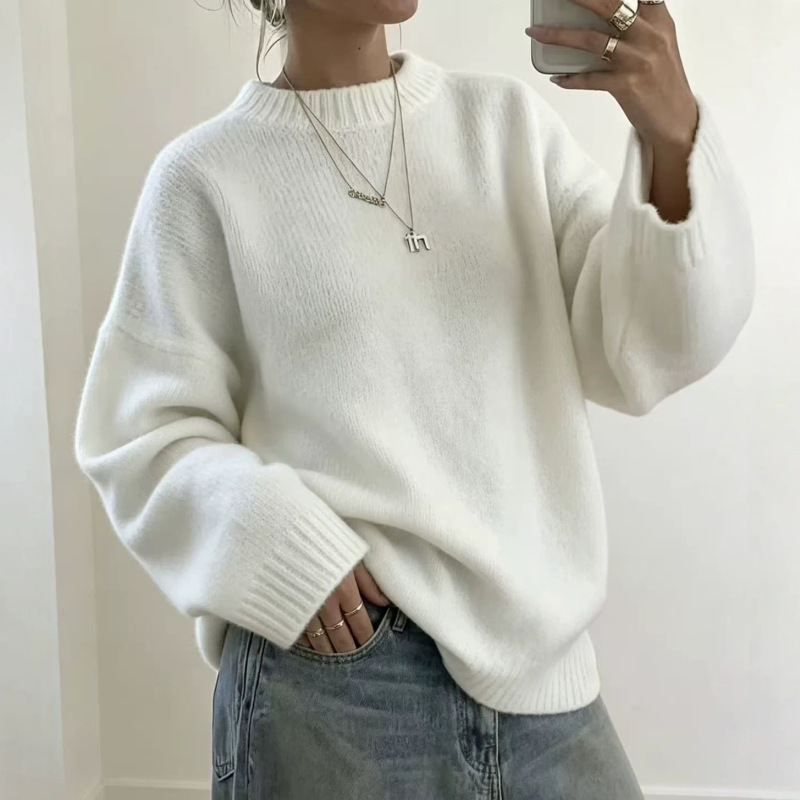 Women's Sweater 2026 Autumn/Winter New Cross-Border Round Neck Knit Top Solid Color Loose Fit Plus Size Pullover Top for Women