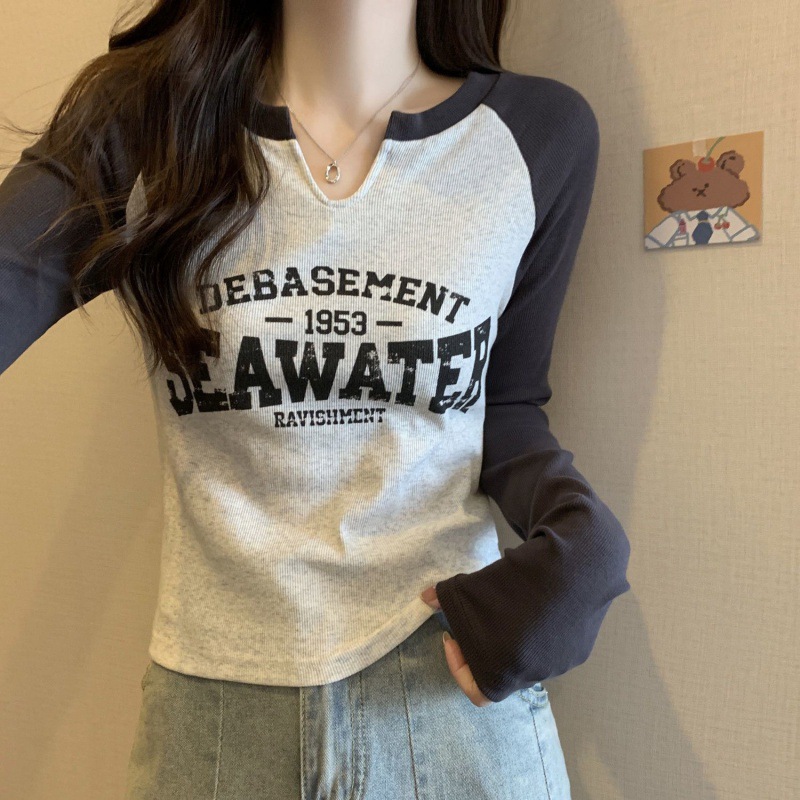 美式复古印花正肩T恤上衣女春秋季大码胖妹妹修身显瘦长袖打底衫