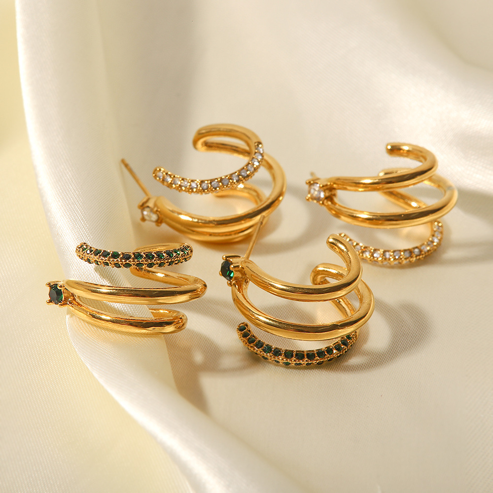 Fashion C Shape Stainless Steel Inlay Zircon Hoop Earrings 1 Pair