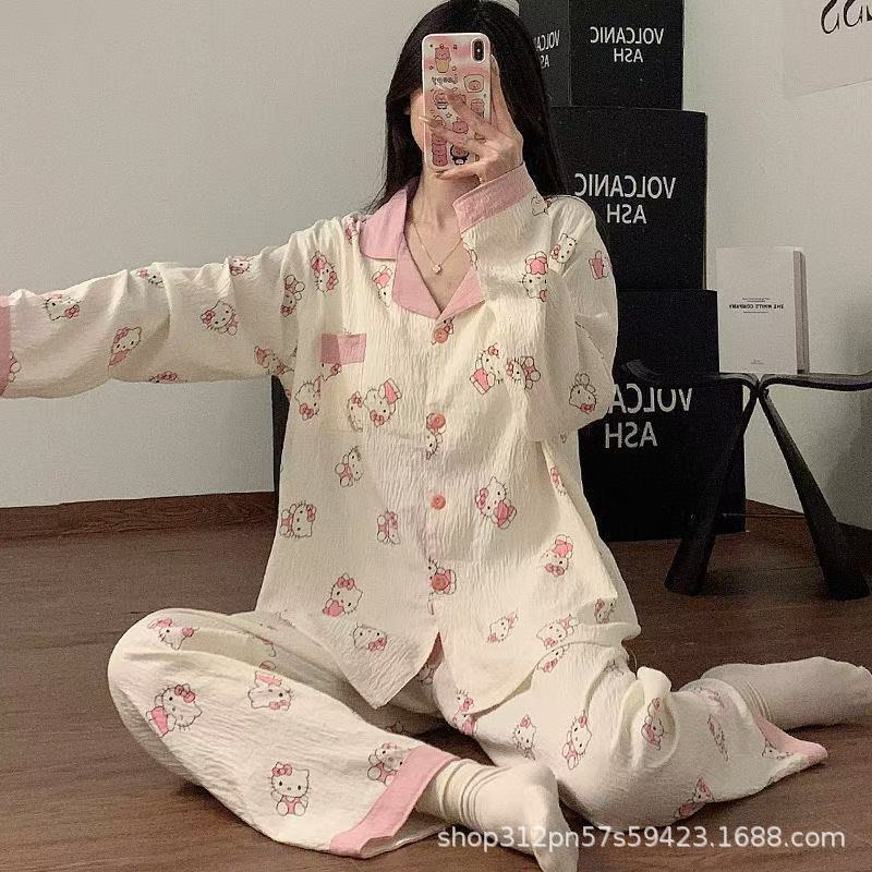 雲の綿のパジャマの女性のシンプルで甘いネットの赤い長袖のカーディガンの少女のカジュアルな薄いタイプの家庭服の2つのセット|undefined